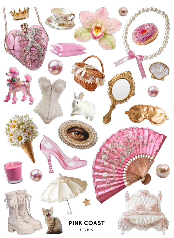 Collection of pink vintage decorative items including jewelry, furniture, and accessories with 'Pink Coast Studio' branding.