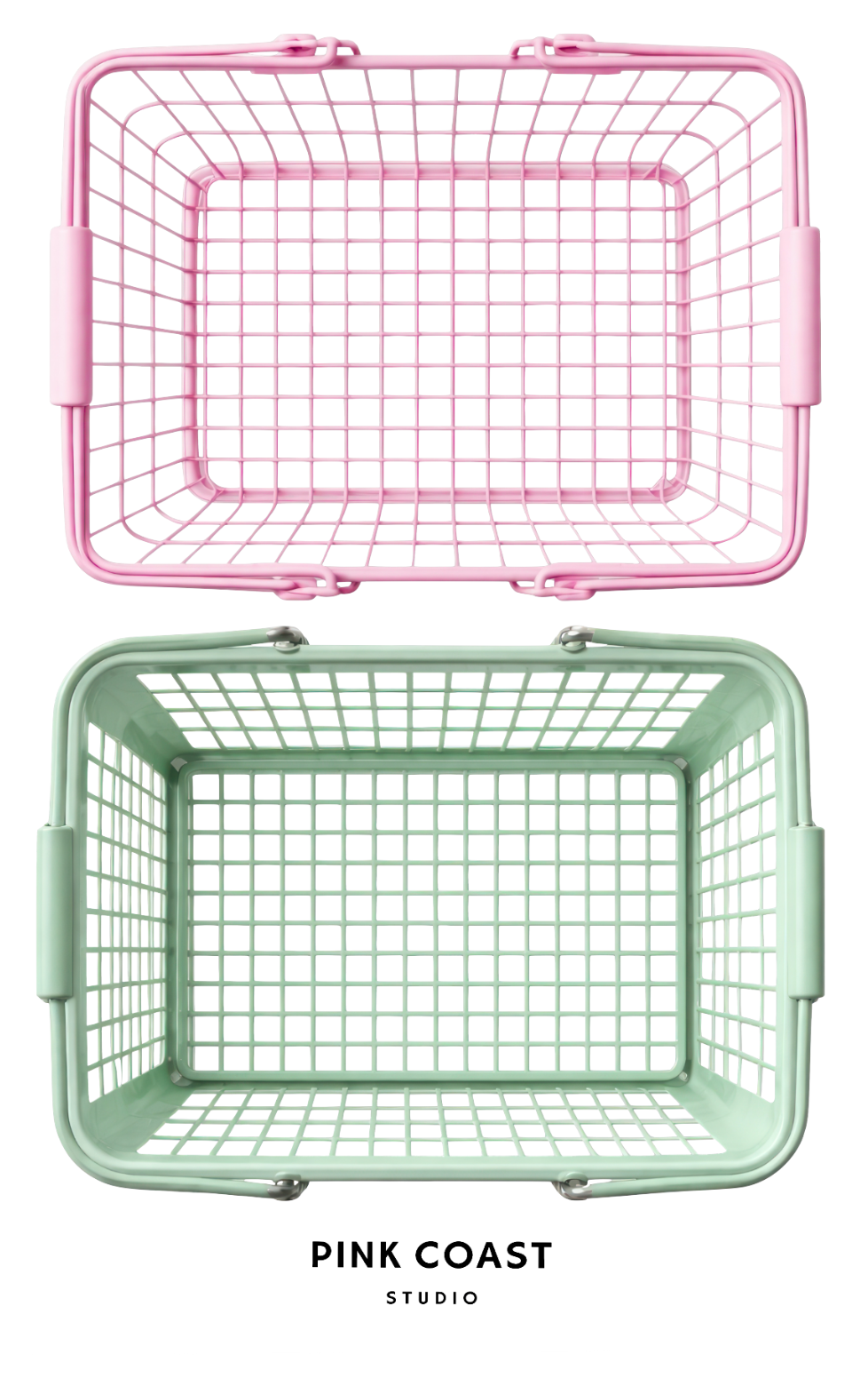 Two wire baskets, one pink and one green, with 'Pink Coast Studio' branding.