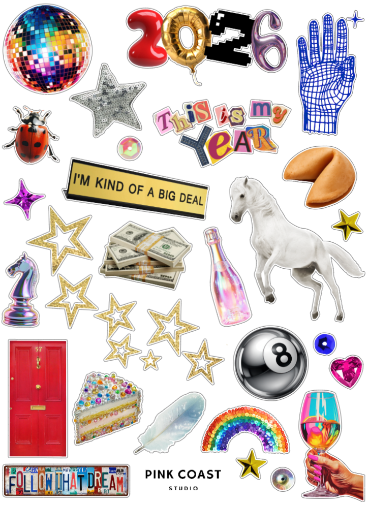 a 2026-themed sticker sheet featuring symbols of good luck, prosperity and celebration
