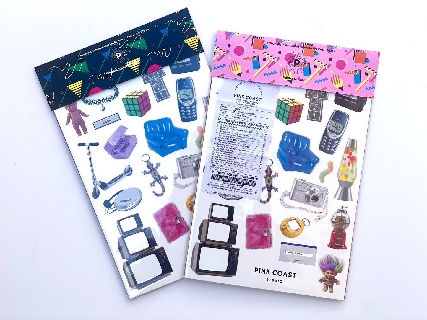 Back of the scrap packs showing sticker sheets from Pink Coast Studio featuring retro and pop-culture themed stickers, displayed on a clean white background.