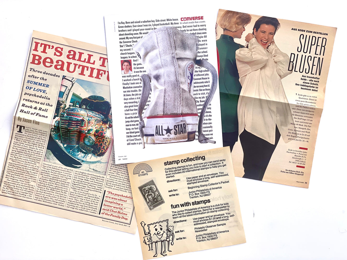 A collage of vintage printed materials laid out on a white background, including a newspaper page with bold headline text, a magazine-style article featuring a woman and the word 'SUPER BLUSSEN,' a Converse All Star shoe ad, and two smaller beige cards with text about stamp collecting.