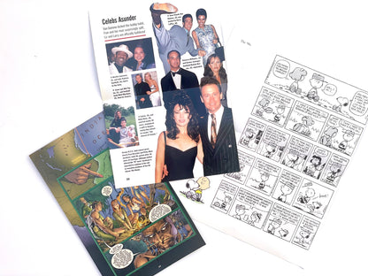 A collage of printed materials laid out on a white background, including a magazine or booklet page with photos and text, a comic strip page, and a colorful illustrated insert.