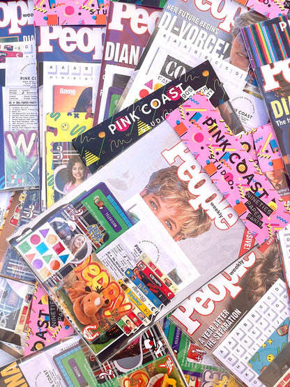 A dense, colorful pile of scrap packs with various magazine covers, with 'People' and 'Pink Coast' titles most prominent, filling the entire frame.