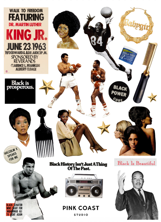 A large sticker sheet by Pink Coast Studio featuring Black icons from the past