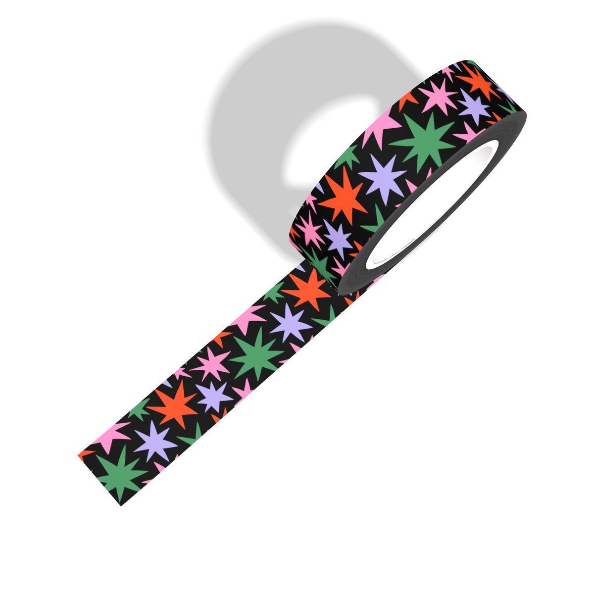 A roll of washi tape featuring red, purple, green and pink abstract stars on a black background 