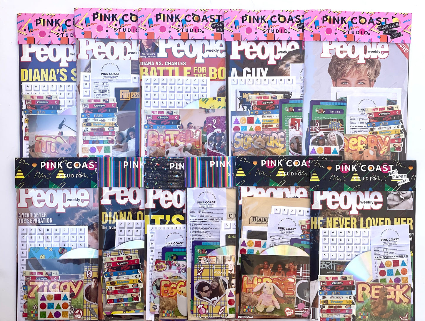 A flatlay image of multiple 90s scrap packs that have 'People' magazine covers from Pink Coast Studio, featuring various colorful covers, stickers, and printed inserts arranged in a grid pattern.