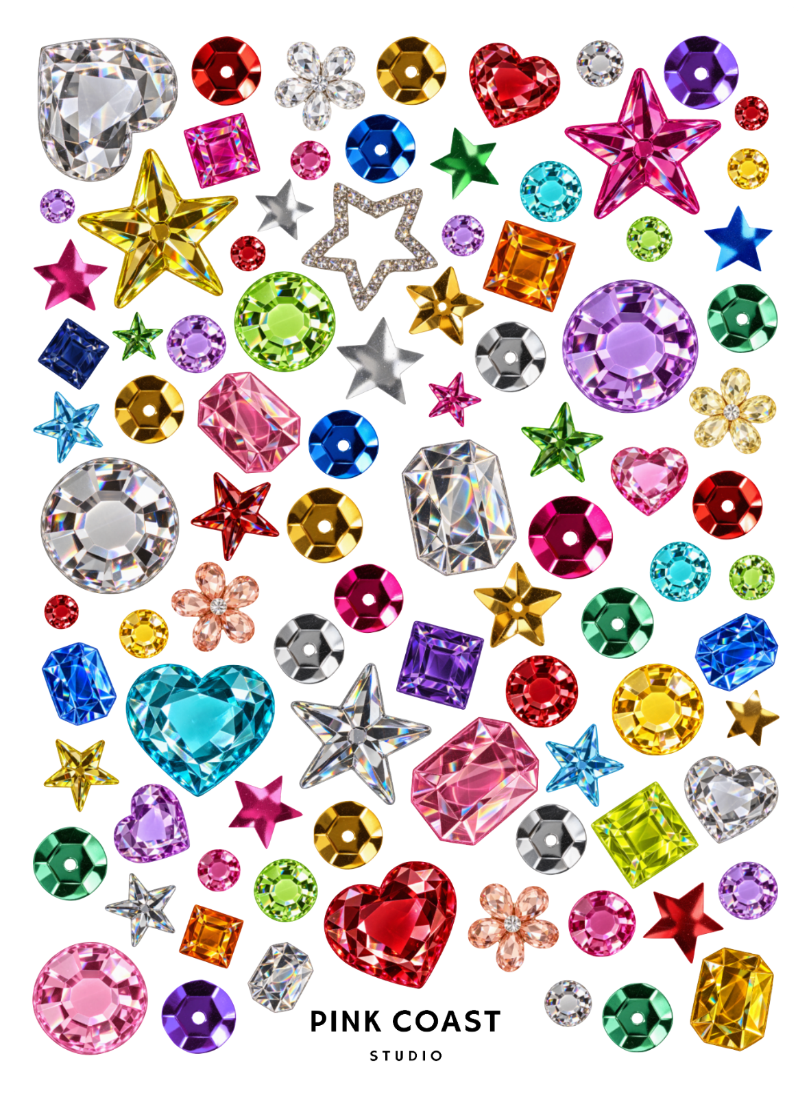 A sheet of colorful rhinestone stickers in various shapes including stars, hearts, circles, and squares, displayed on a white background with the brand name 'PINK COAST STUDIO' printed vertically on the right.