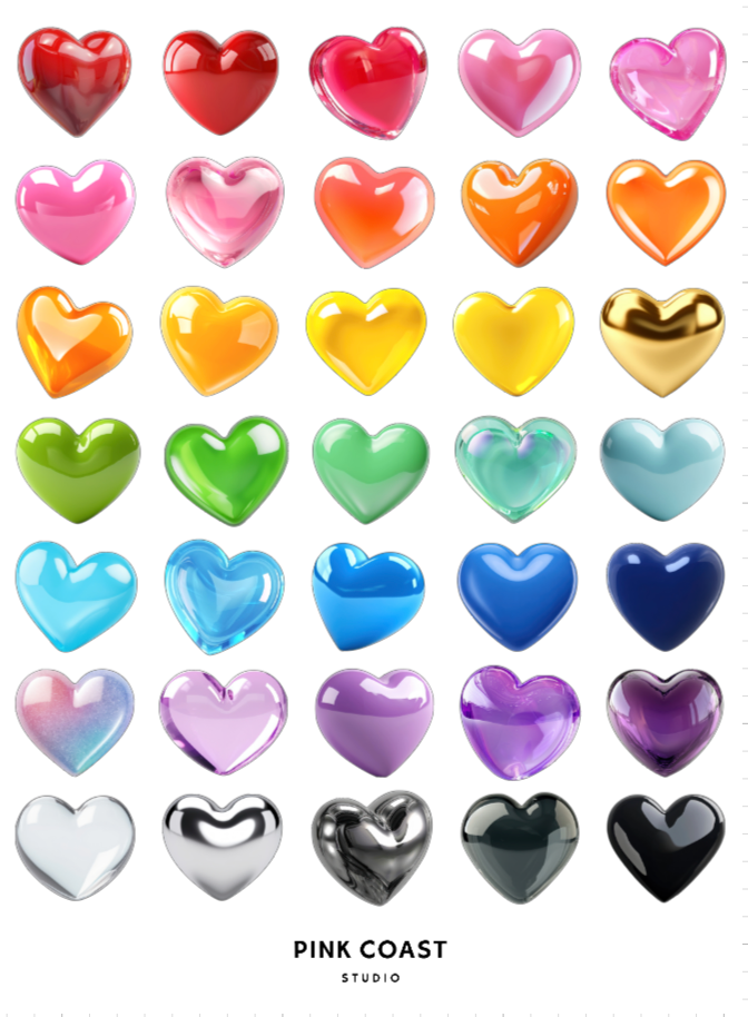 Colorful heart-shaped objects arranged in a grid on a white background with 'Pink Coast Studio' branding.
