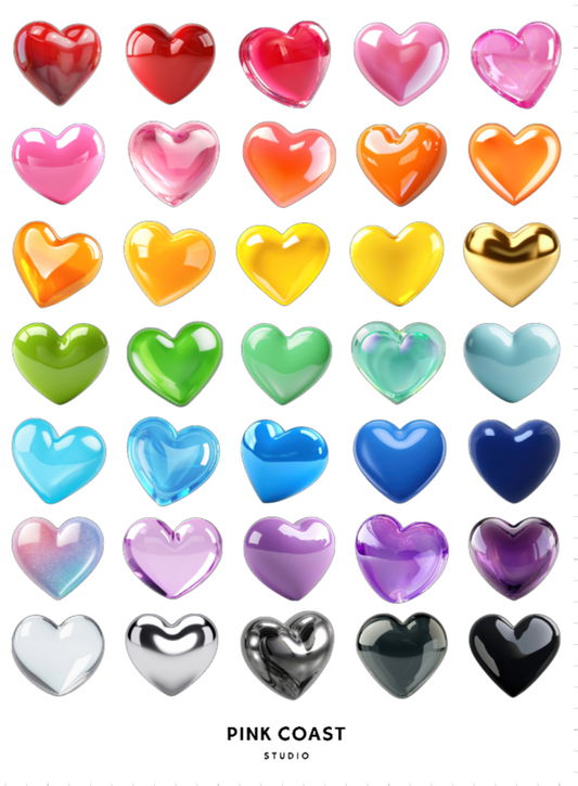 Colorful heart-shaped objects arranged in a grid on a white background with 'Pink Coast Studio' branding.