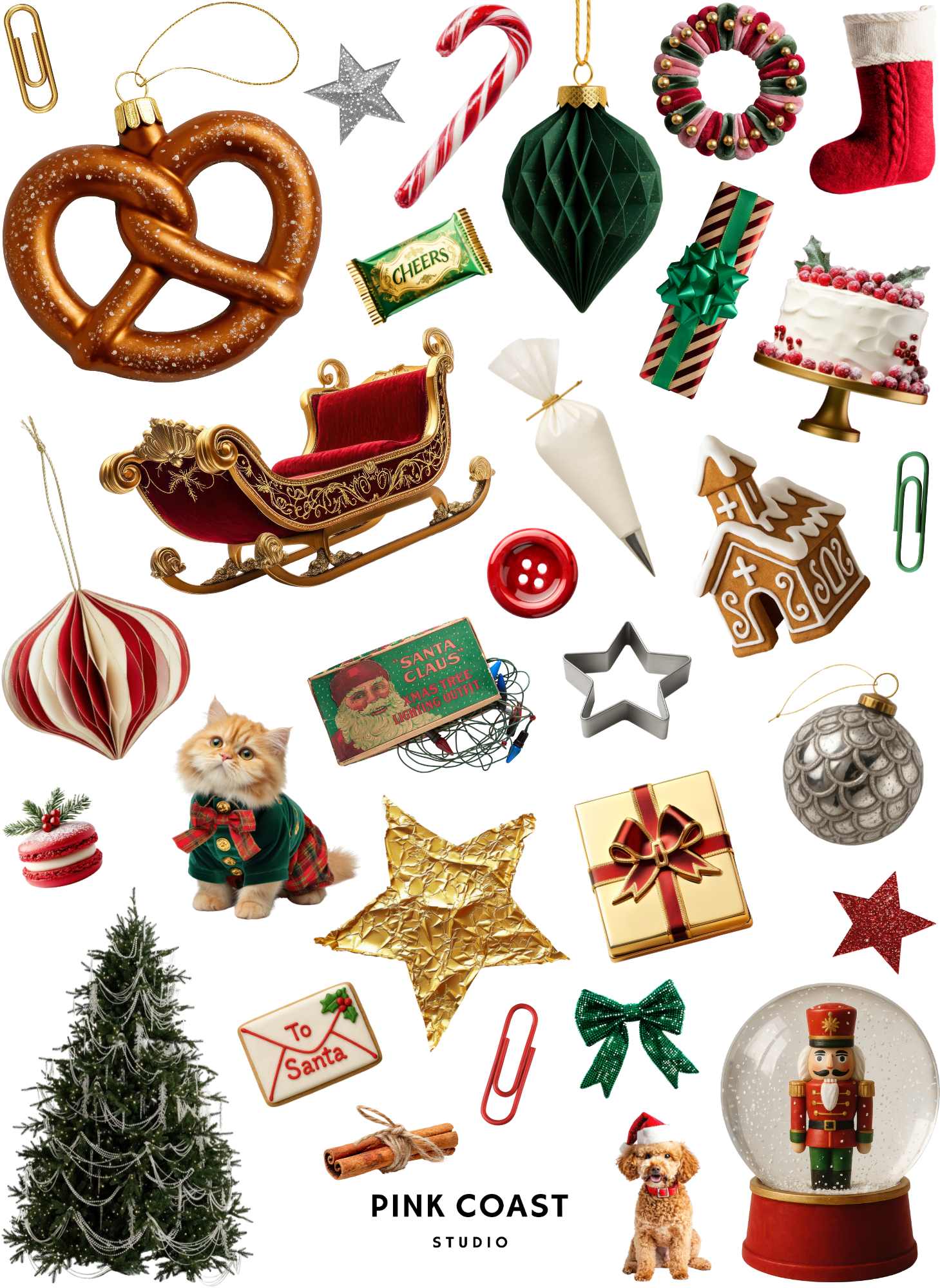 Collection of Christmas-themed ornaments and decorations with 'Pink Coast Studio' branding.