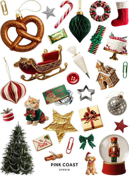 Collection of Christmas-themed ornaments and decorations with 'Pink Coast Studio' branding.