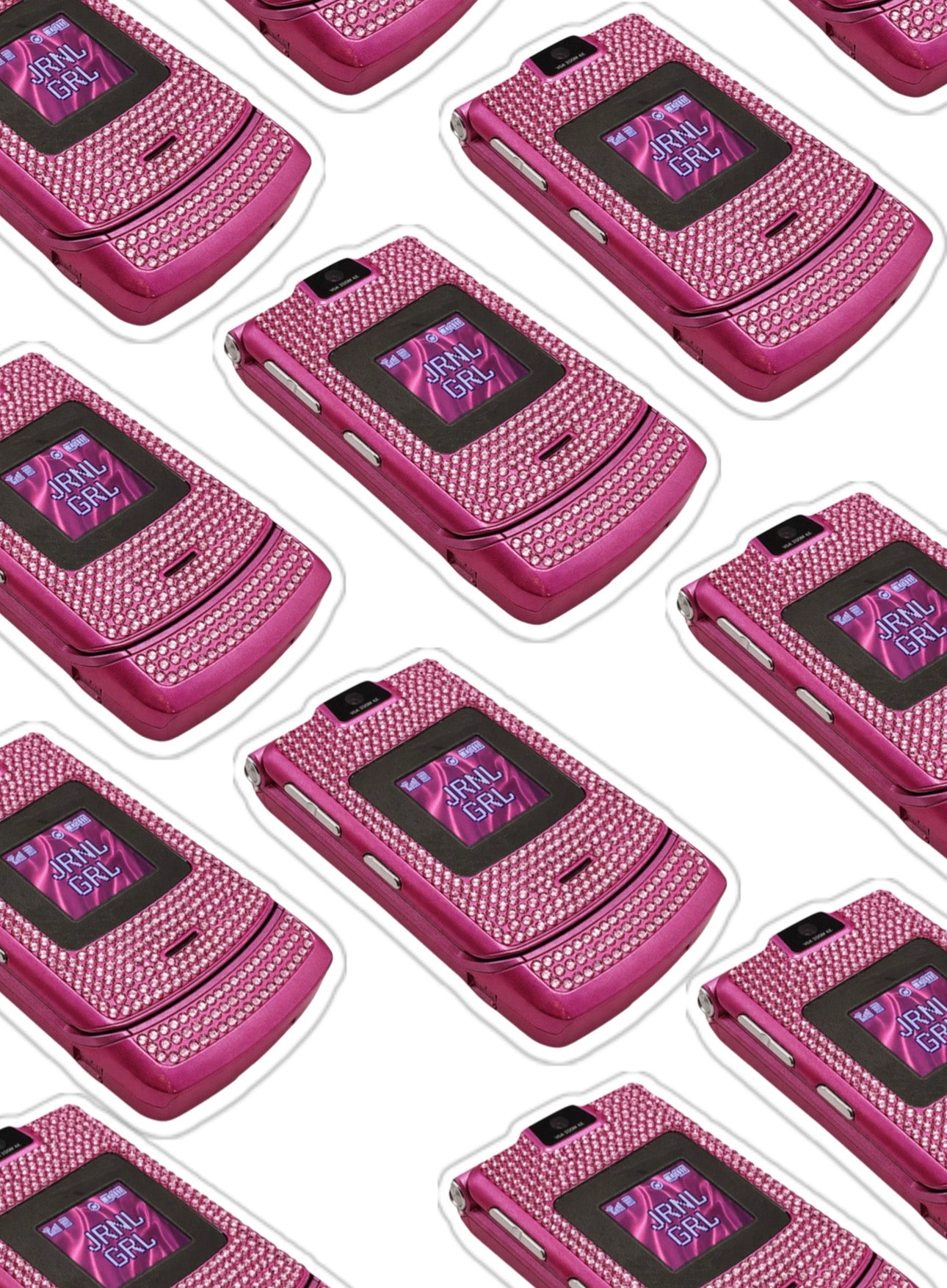 Pattern of pink flip phones with 'JRNL GRL' text on a white background