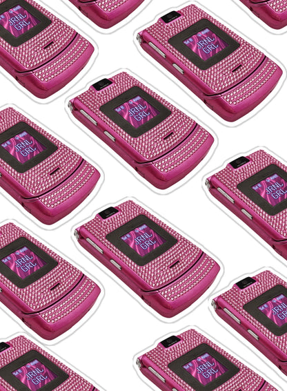 Pattern of pink flip phones with 'JRNL GRL' text on a white background