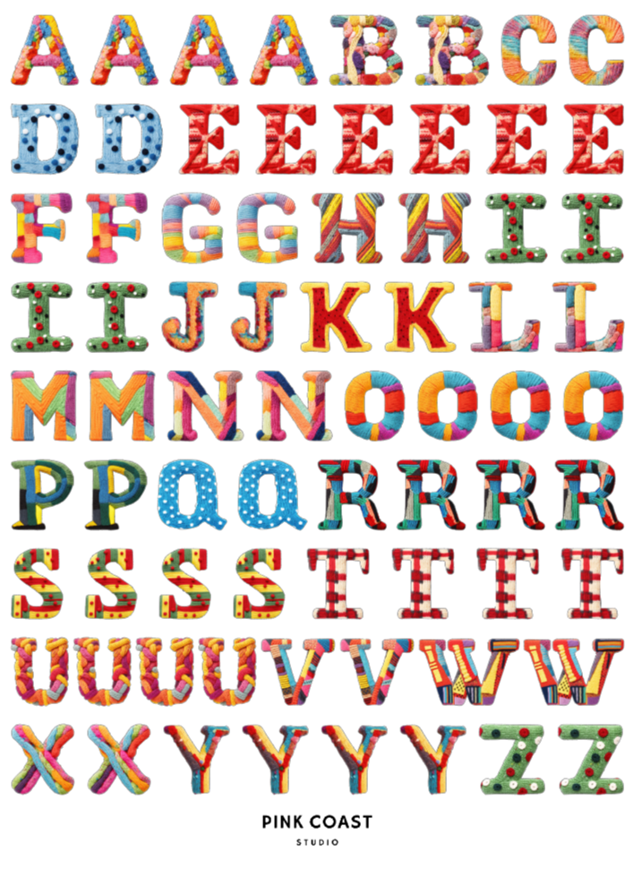 Colorful knit alphabet letters from A to Z on a white background with 'Pink Coast Studio' branding.