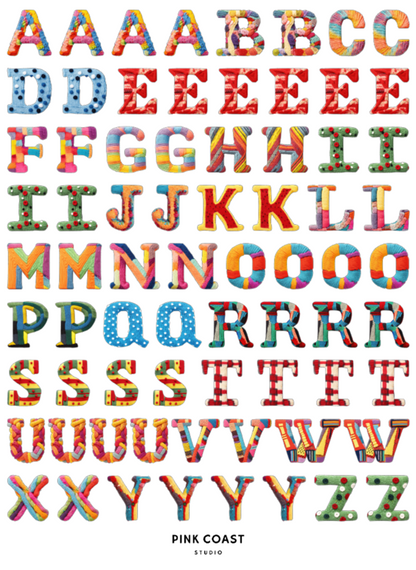 Colorful knit alphabet letters from A to Z on a white background with 'Pink Coast Studio' branding.