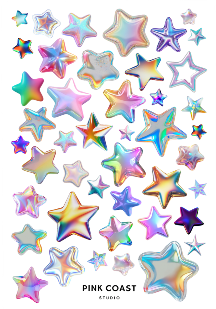Colorful star-shaped confetti with 'Pink Coast Studio' branding.