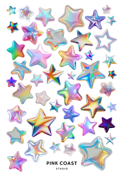 Colorful star-shaped confetti with 'Pink Coast Studio' branding.
