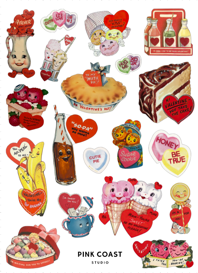 Collection of vintage-style Valentine's Day stickers with sweet treat-themed designs and 'Pink Coast Studio' branding.