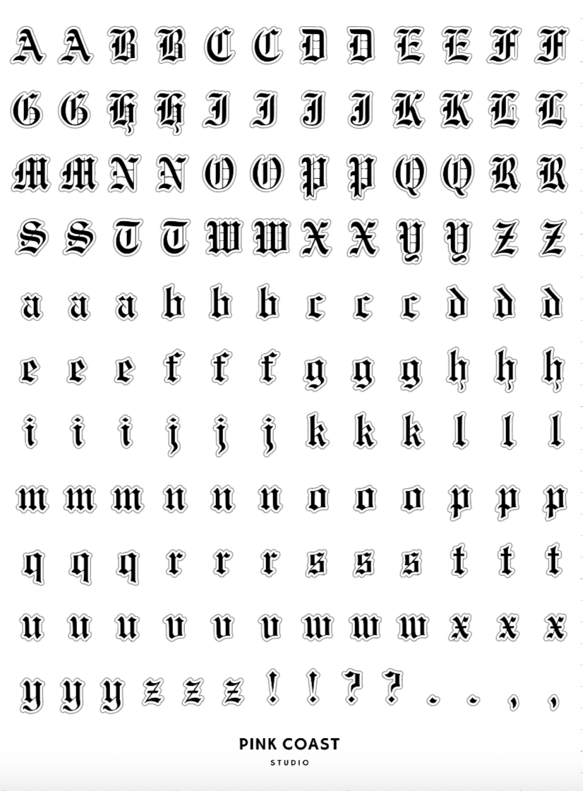 Old English Alphabet Letters Sticker Sheet - 1 Sheet