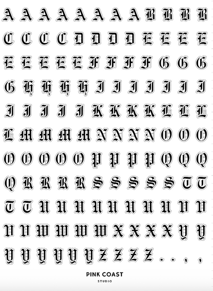 Old English Alphabet Letters Sticker Sheet Set - 2 Sheets