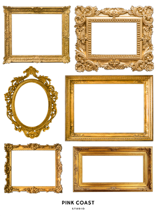 vintage ornate wall frames in gold tones