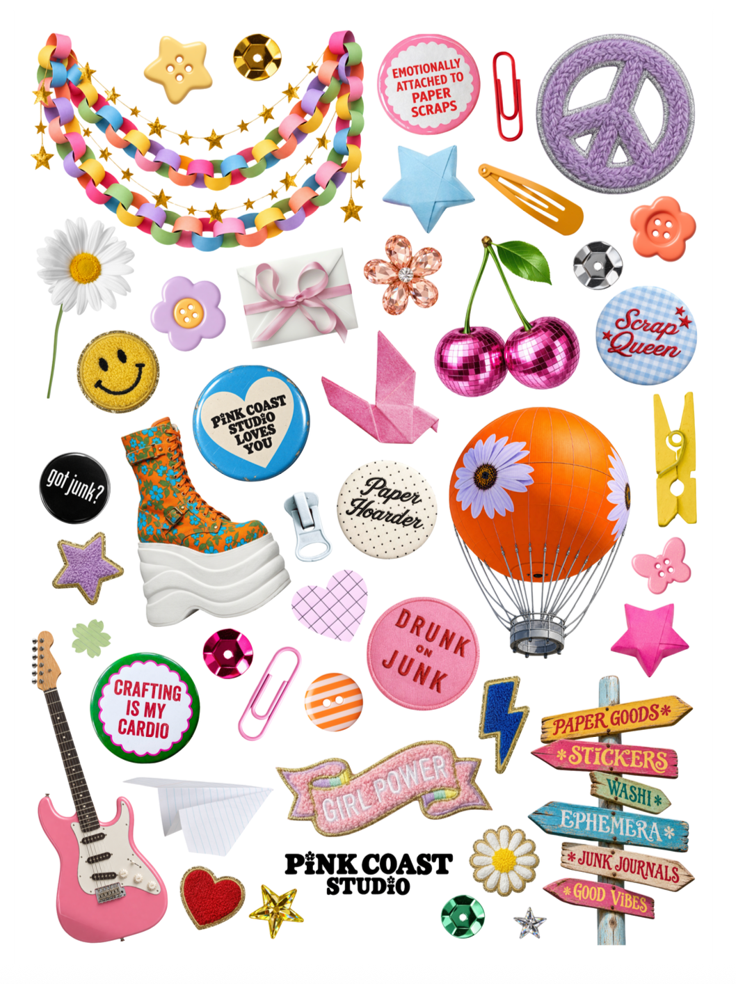 A collage of colorful retro-themed stickers and decorative graphics on a white background, including stars, flowers, cherries, a hot air balloon, a guitar, signs, buttons, paper clips, and text stickers. The brand name 'PINK COAST STUDIO' appears at the bottom.