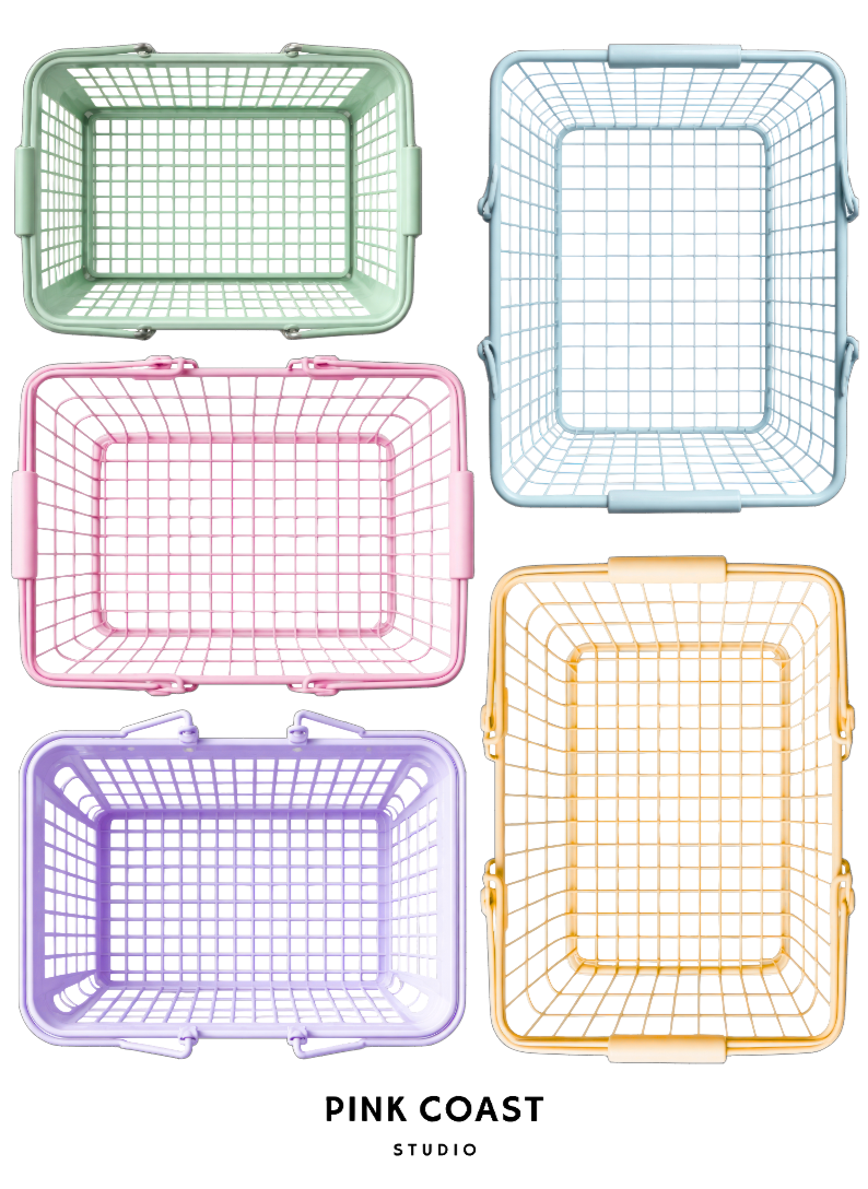 Set of five pastel wire baskets with 'Pink Coast Studio' branding on a white background.