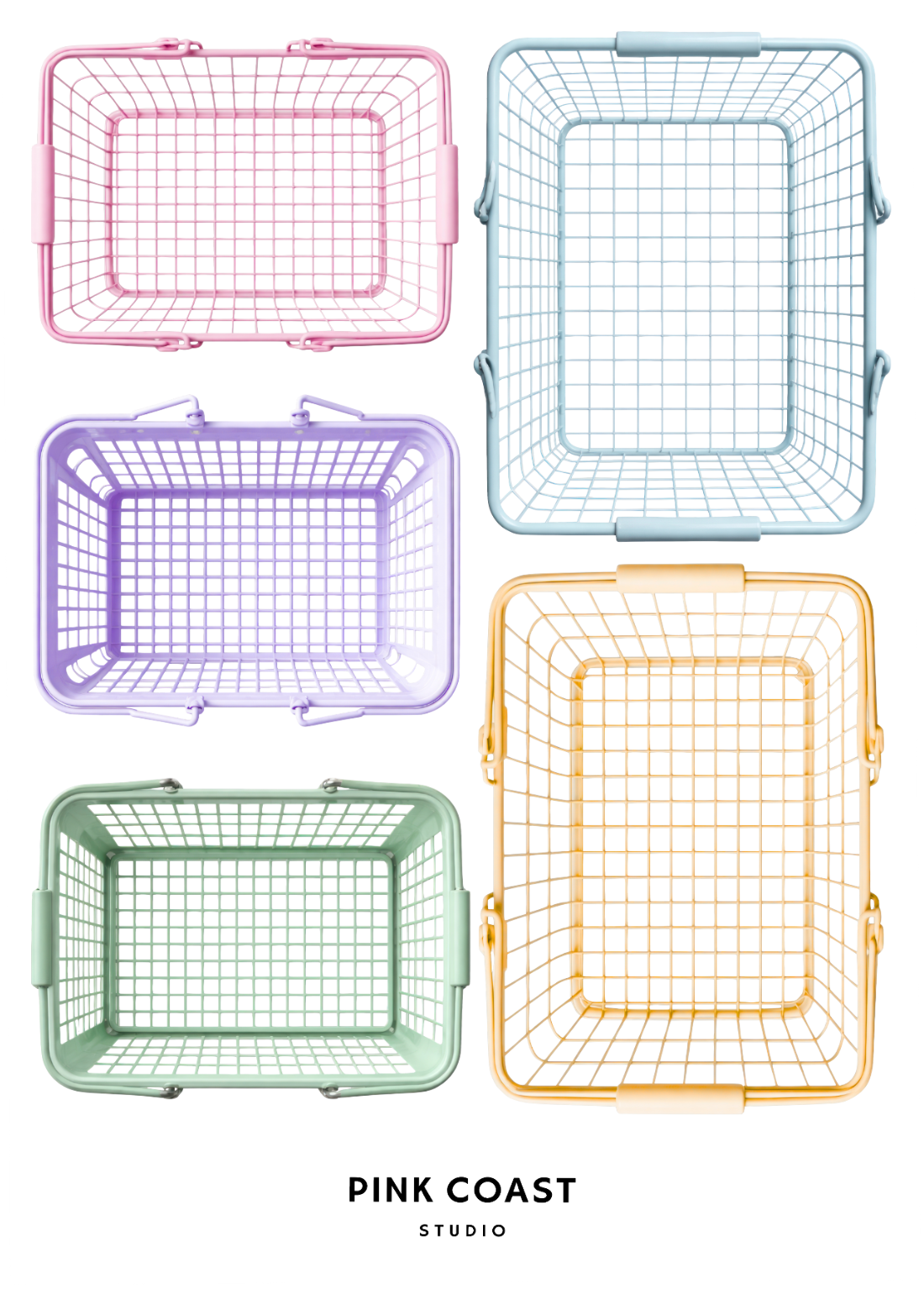 Set of five pastel wire baskets on a white background with 'Pink Coast Studio' branding.
