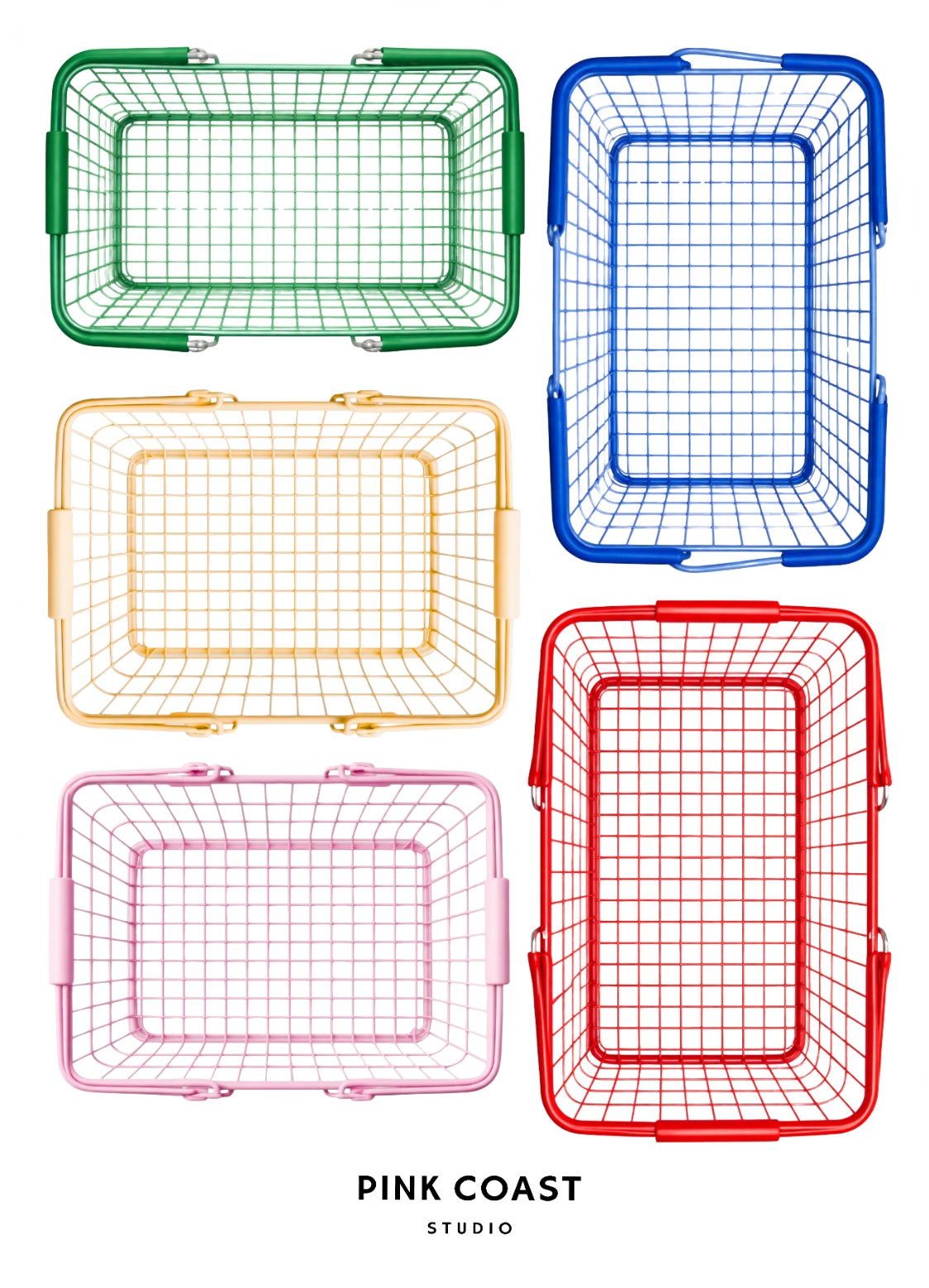 Set of colorful wire baskets with 'Pink Coast Studio' branding on a white background