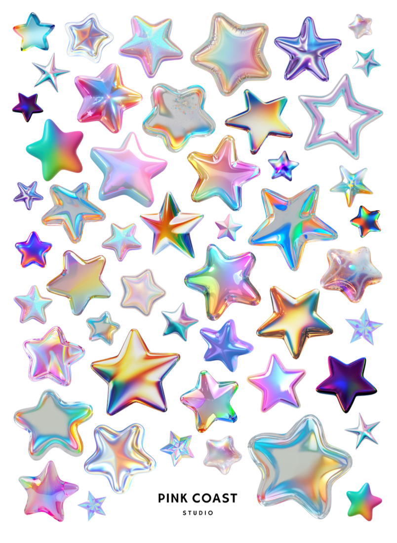 Colorful star-shaped stickers with 'Pink Coast Studio' branding on a white background