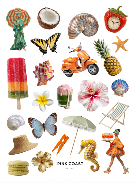 A collage of retro summer-themed images and objects on a white background, including a striped beach umbrella, butterfly, coconut shell, nautilus shell, strawberry-shaped clock, pineapple, orange scooter, popsicle, seashells, hibiscus flower, beach chair, straw hat, seahorse, and women in a maximalist dress. The text 'PINK COAST STUDIO' appears at the bottom.