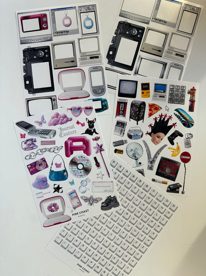 Collection of 5 sticker sheets featuring Y2k and 90s themed motifs on a white background