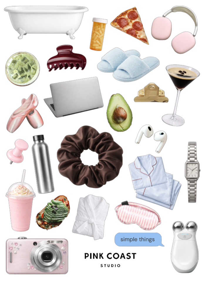 Collage of various items for a self care day, such as pajamas, a bath tub, headpones, skincare tools, and food, with 'Pink Coast Studio' branding at the bottom of the page.