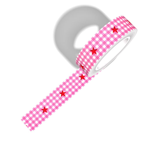 A roll of washi tape featuring a pink gingham pattern design with red pixelated stars on top 