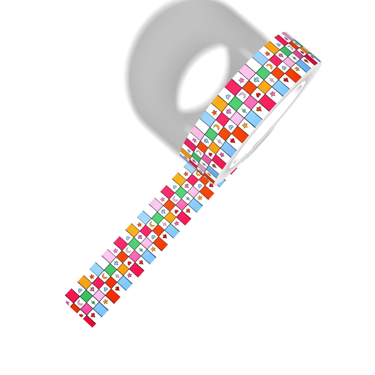A roll of decorative washi tape featuring a colorful grid pattern of small squares with various national flags, shown on a clean white background with a soft gray shadow.