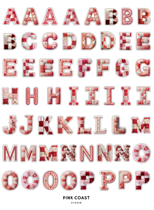 Alphabet letters with a pink and red pattern on a white background, featuring the brand 'Pink Coast Studio'.