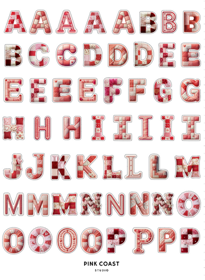 Alphabet letters with a pink and red pattern on a white background, featuring the brand 'Pink Coast Studio'.