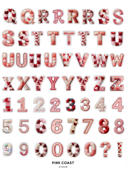 Alphabet and numbers in pink and red on a white background with 'Pink Coast Studio' branding.