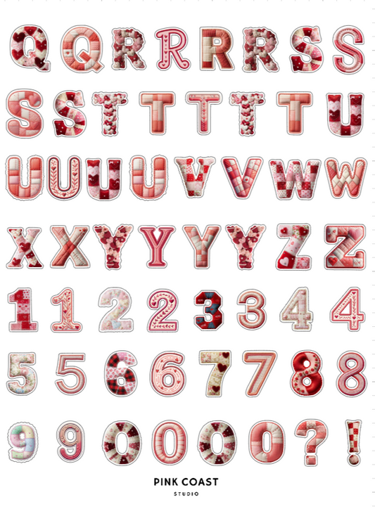 Alphabet and numbers in pink and red on a white background with 'Pink Coast Studio' branding.