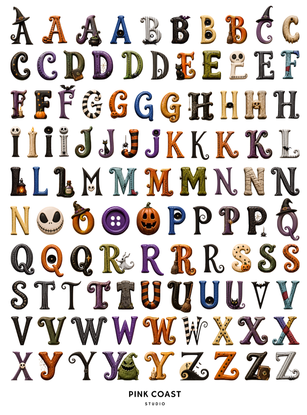 A Halloween-themed alphabet poster featuring decorative letters from A to Z in spooky designs such as witch hats, pumpkins, bones, spiderwebs, and haunted houses. The text 'PINK COAST STUDIO' is printed at the bottom on a white background.