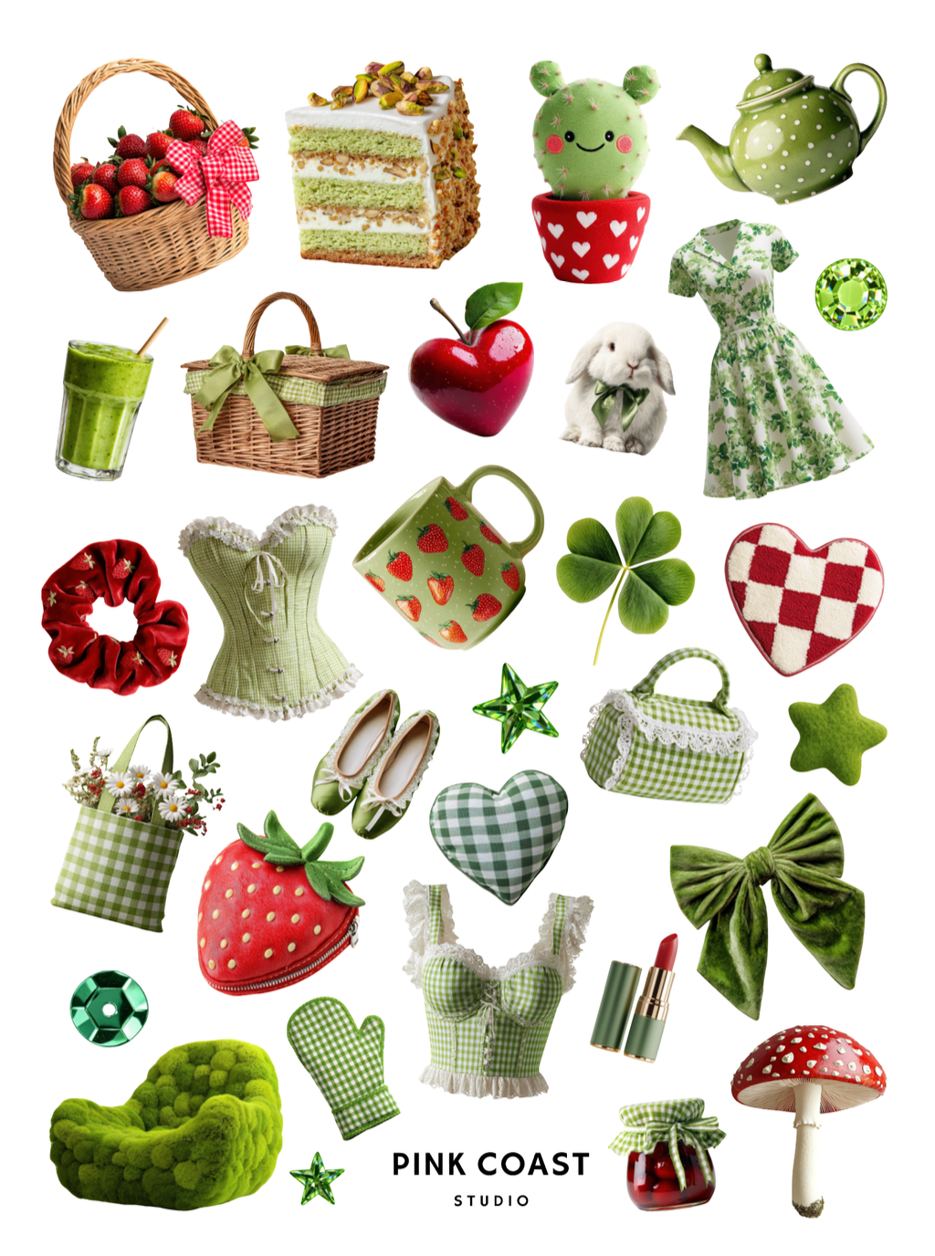 A collage of whimsical pink Coast Studio themed items in a green and red aesthetic, including a green polka dot teapot, strawberry basket, green checkered dress, strawberry mug, green four-leaf clover, red and white checkered heart, green velvet bow, and other matching accessories, all arranged on a white background with the text 'PINK COAST STUDIO' at the bottom.