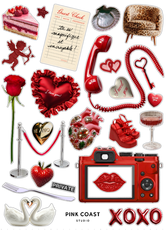 Collection of Valentine's Day-themed stickers with red hearts, roses, and camera on a white background.