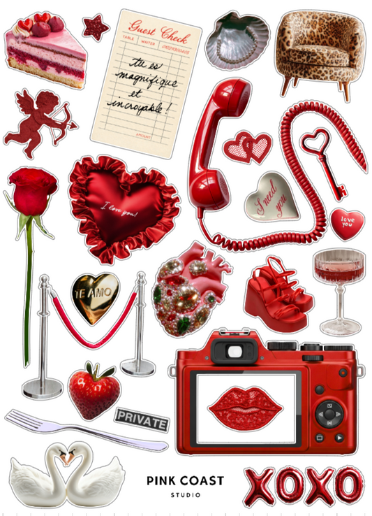 Collection of Valentine's Day-themed stickers with red hearts, roses, and camera on a white background.