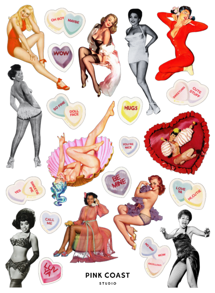 Collection of vintage-style illustrations of women and conversation hearts with text, featuring the brand 'Pink Coast Studio'.